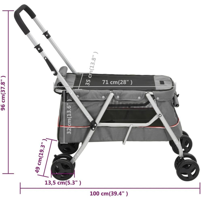 Складна коляска для собак 100x49x96см (Сірий)