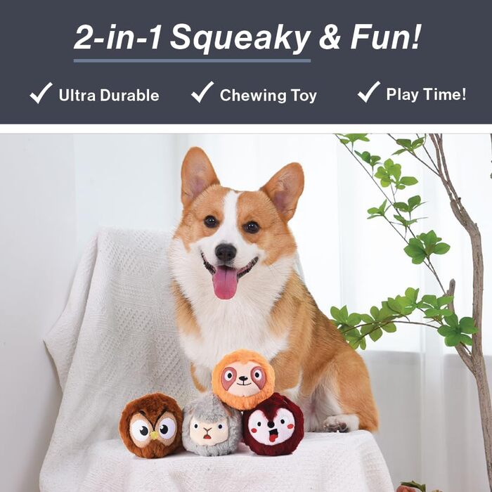 Інтерактивна іграшка для собак HugSmart Pet 2-в-1: плюшева без наповнювача та пищащий тенісний м'яч, міцна для апорту, для малих, середніх і великих порід (коричнева)
